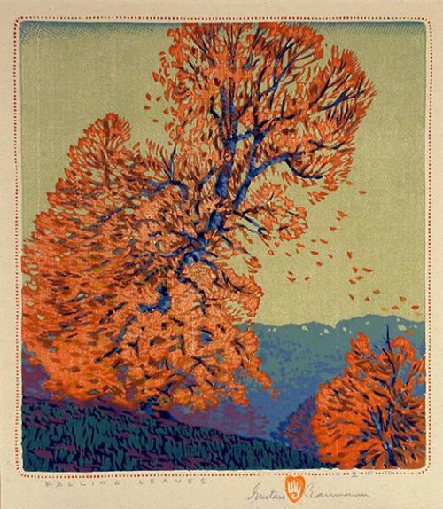 Gustave Baumann, Falling Leaves, 1950, color woodcut, 10 5/8 × 9 5/8 in. Collection of the New …
