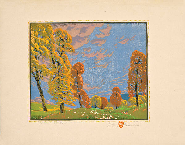 Gustave Baumann, Indiana Red Gum, 1927, color woodcut, 9 3/8 × 11 1/8 in. Collection of the New…