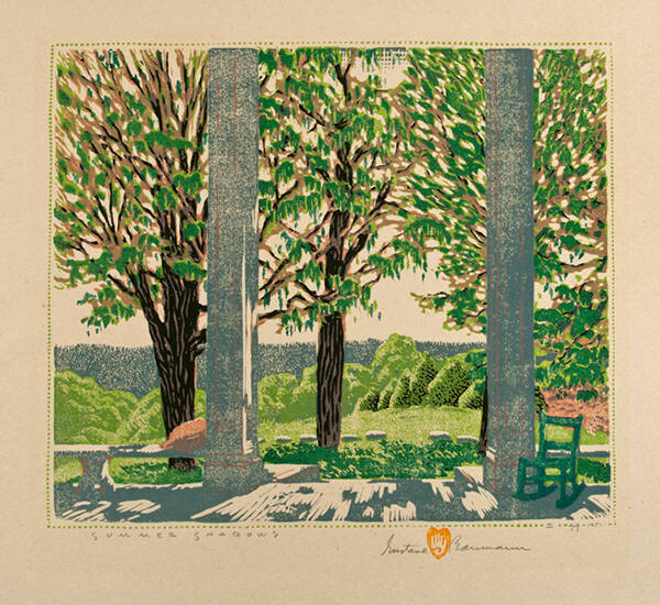 Gustave Baumann, Summer Shadows, 1917, color woodcut, 9 1/2 x 11 in. Collection of the New Mexi…