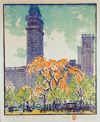 Gustave Baumann, Madison Square, 1917, color woodcut, 13 1/4 x 11 1/8 in. Collection of the New…