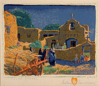 Gustave Baumann, Talpa Chapel, 1924, color woodcut, 5 7/8 × 7 1/2 in. Collection of the New Mex…