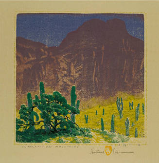 Gustave Baumann, Superstition Mountains, 1949, color woodcut, 81/8 x 81/8 in. Collection of the…