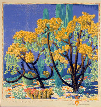 Gustave Baumann, Cholla and Sahuaro (Saguaro), 1928, color woodcut, 12 3/16 × 12 7/8 in. Collec…