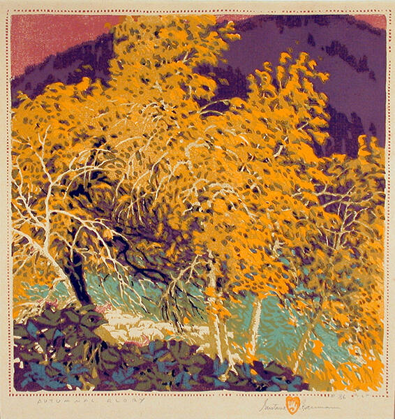 Gustave Baumann, Autumnal Glory, 1921, color woodcut, 13 × 13 in. Collection of the New Mexico …