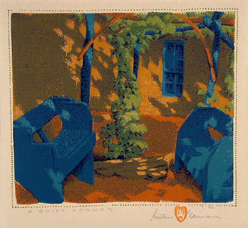 Gustave Baumann, A Quiet Corner, 1936, color woodcut, 7 3/8 x 8 1/2 in. Collection of the New M…