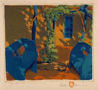 Gustave Baumann, A Quiet Corner, 1936, color woodcut, 7 3/8 x 8 1/2 in. Collection of the New M…