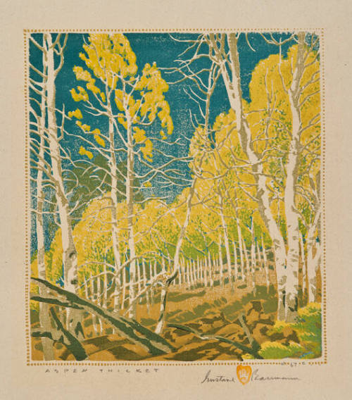 Gustave Baumann, Aspen Thicket, 1943, color woodcut, 10 3/4 × 9 5/8 in. Collection of the New M…