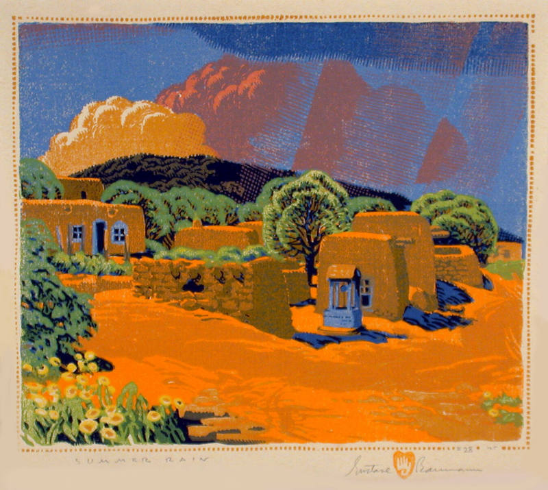 Gustave Baumann, Summer Rain, 1926, color woodcut, 9 3/8 x 11 1/8 in. Collection of the New Mex…