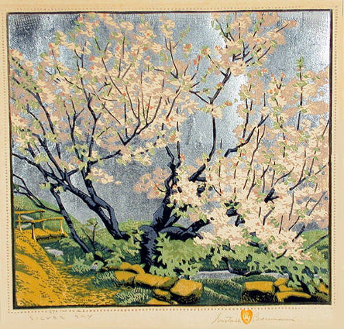 Gustave Baumann, Silver Sky, 1935, color woodcut with aluminum leaf, 12 1/2 × 13 7/16 in. Colle…