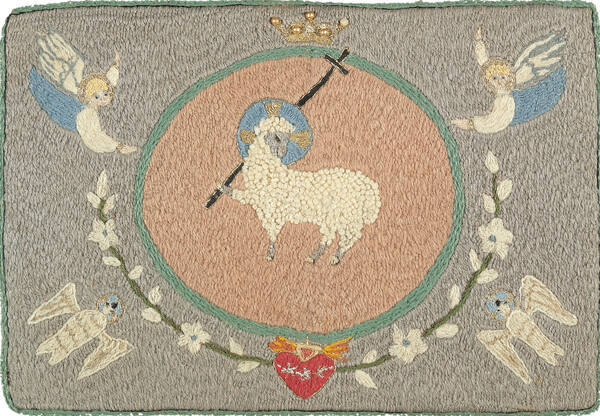 Rebecca Salsbury (Strand) James, Agnus Dei, colcha embroidery, 7 1/4 × 10 1/2 in. Collection of…