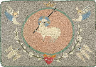 Rebecca Salsbury (Strand) James, Agnus Dei, colcha embroidery, 7 1/4 × 10 1/2 in. Collection of…
