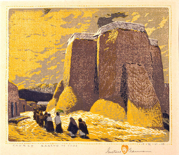 Gustave Baumann, Church - Ranchos de Taos, 1919 (subsequent edition 1948), color woodcut, 9 3/8…
