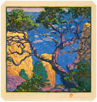 Gustave Baumann, Piñon - Grand Canyon, 1921, color woodcut, 12 15/16 × 12 7/8 in. Collection of…