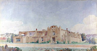 Kenneth Chapman, New Art Museum, Santa Fe - East Front, before 1916, watercolor on paper, 10 7/…