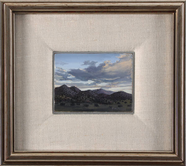 Carol Mothner, Evening Hills, 1985, oil on panel, 2 7/8 × 3 13/16 in. Collection of the New Mex…