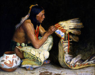 E. Irving Couse, The War Bonnet, ca. 1920, oil on canvas, 24 3/16 x 29 in. Collection of the Ne…