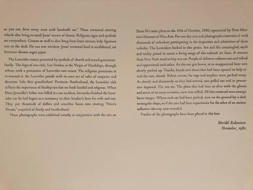 Letterpressed artist statement on rag paper for "The Lowriders: Portraits from New Mexico"