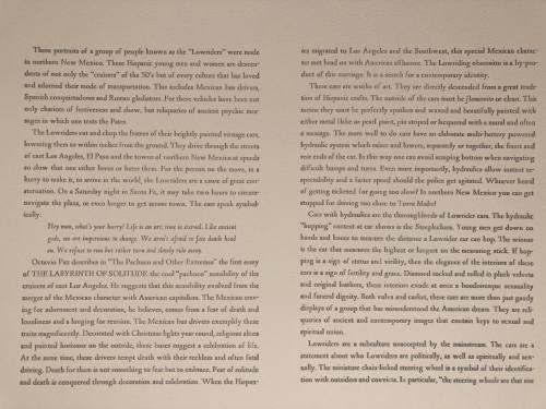 Letterpressed artist statement on rag paper for "The Lowriders: Portraits from New Mexico"  