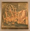 Hand-carved wood block of wool spinning attic studio by Gustave Baumann, "Block for Almost a St…