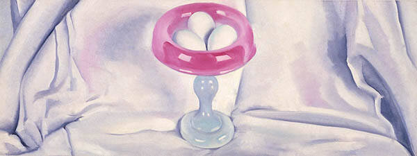 Georgia O'Keeffe, 3 Eggs in Pink Dish, circa 1928, oil on canvas, 12 x 32 in. Collection of the…