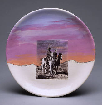 Betty Hahn, Untitled (plate), (Pecos Sky), 1994, ceramic, tinted gelatin silver print, 1 1/8 × …