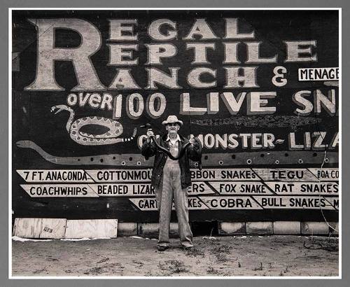 Snakepit operator, Highway 66, Sayre, Oklahoma, 1972