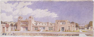 Kenneth Chapman, New Art Museum, Santa Fe - South Front, 1916, watercolor on paper, 10 × 27 1/2…