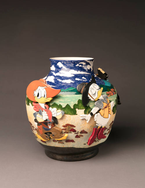 Bunny Tobias, Disney Kids Do Santa Fe, 1992, porcelain ceramic, glazes, black sand, waxed linen…