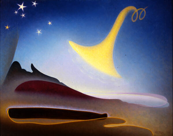 Agnes Pelton, Awakening (Memory of Father), 1943, oil on canvas, 22 x 28 in. Collection of the …