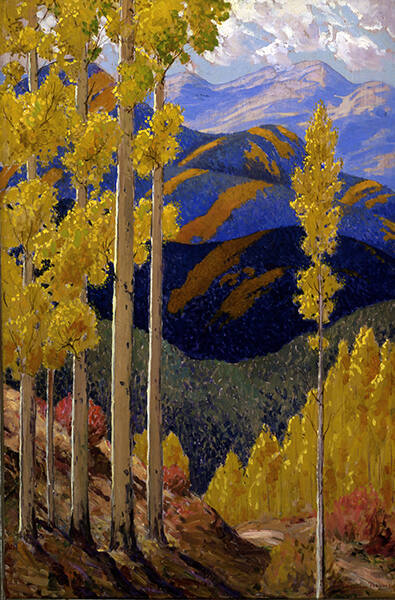 Sheldon Parsons, Santa Fe Mountains in October, before 1919, oil on plywood panel, 35 7/8 × 23 …