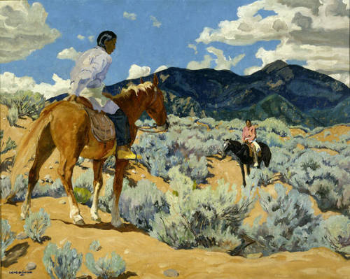 Walter Ufer, Across An Arroyo (Chance Encounter), mid-20th Century, oil on canvas, 20 x 25 1/8 …