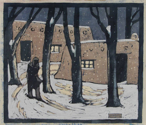 Manville Chapman, Winter, 1938, block print and gouache on paper, 11 13/16 × 13 13/16 in. On lo…