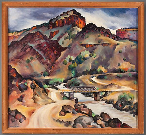 Gene Kloss, The Old Taos Junction Bridge, circa 1941, oil on canvas, 24 x 25 1/2 in. On long term loan to the New Mexico Museum of Art from the Fine Arts Program, Public Buildings Service, U.S. General Services Administration (2816.23P) Photo by Blair Clark