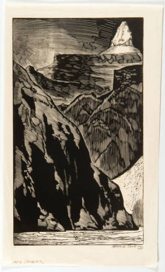 Howard Cook, Grand Canyon #2, 1927, woodcut, 14 x 8 in. Collection of the New Mexico Museum of …