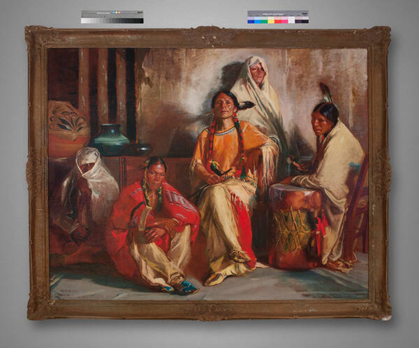 Julius Rolshoven, The Indian Council, circa 1916, oil on sized burlap laid on canvas, 72 × 90 1…