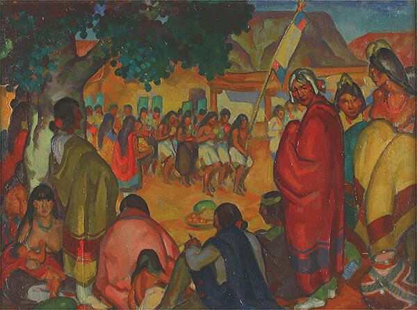 William Penhallow Henderson, Green Corn Dance, San Ildefonso, circa 1920's, oil on canvas, 18 ×…