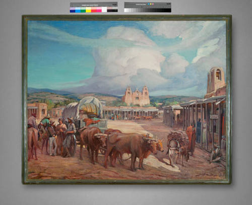 Gerald Cassidy, View of Santa Fe Plaza in the 1850s (End of the Trail), circa 1930, oil on canv…