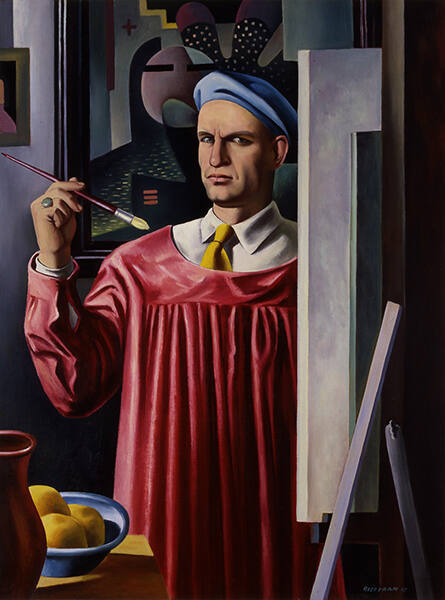 Emil Bisttram, Self-Portrait, 1935, oil on canvas, 43 7/16 × 32 1/4 in. Collection of the New M…
