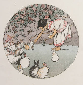 Helen Hyde, Feeding the Bunnies, 1912, color woodcut, 6 1/2 in. Collection of the New Mexico Mu…