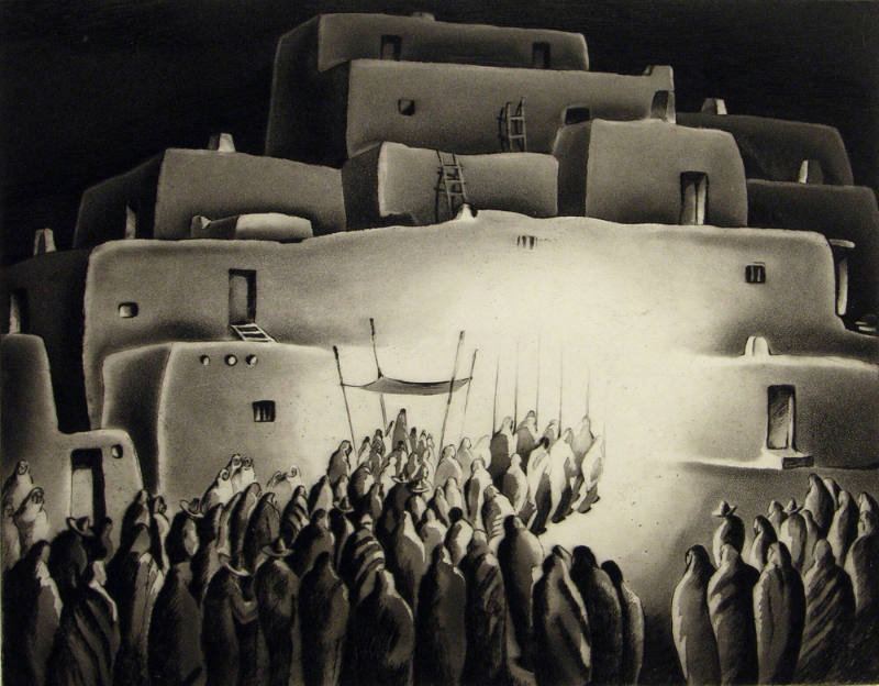 Gene Kloss, Christmas Eve – Taos Pueblo, 1934, aquatint and drypoint, 10 3/4 x 13 3/4 in. On lo…