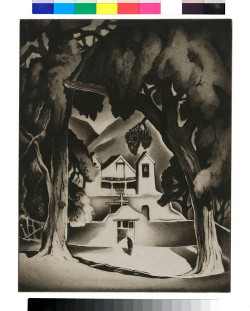Gene Kloss, The Sanctuary, Chimayo, 1936, aquatint and drypoint, 14 x 11 in. On long term loan …