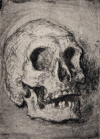 Eli Levin, Large Skull, 1975, etching, 4 15/16 × 3 1/2 in. Collection of the New Mexico Museum …