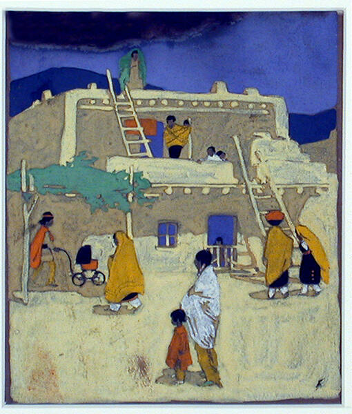 Gustave Baumann, San (Santo) Domingo Pueblo (study), ca. 1920, tempera on paper, 6 3/8 x 5 1/2 …