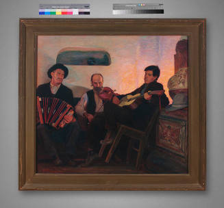 Bert Geer Phillips, Three Musicians of the Baile, circa 1920 – 1921, oil on canvas, 39 1/2 x 42…