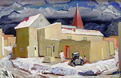 Victor Higgins, Taos Street in Winter, n.d., oil on canvas, 16 ½ x 26 ½ in. Collection of the N…