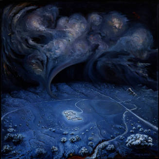 Jerry R. West, Prairie Homestead with Approaching Cosmic Storm, 1989, oil on canvas, 71 × 75 in…