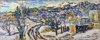 Thomas Macaione, Winter on Canyon Road. 1962, oil on board, 18 x 44 in. Collection of the New M…