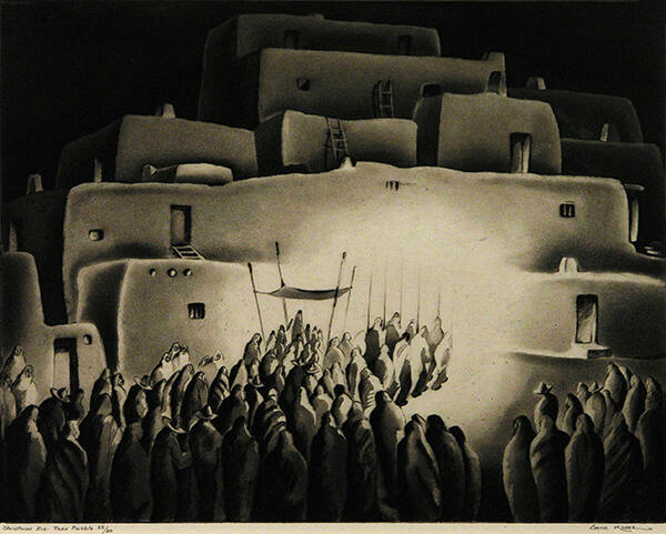 Gene Kloss, Christmas Eve, Taos Pueblo, 1936, aquatint and drypoint, 11 1/2 x 14 1/2 in. On lon…