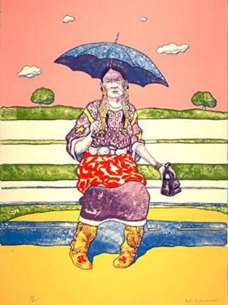 T. C. Cannon, Waiting for the Bus (Anadarko Princess), 1977, color lithograph, 29 15/16 x 22 3/…