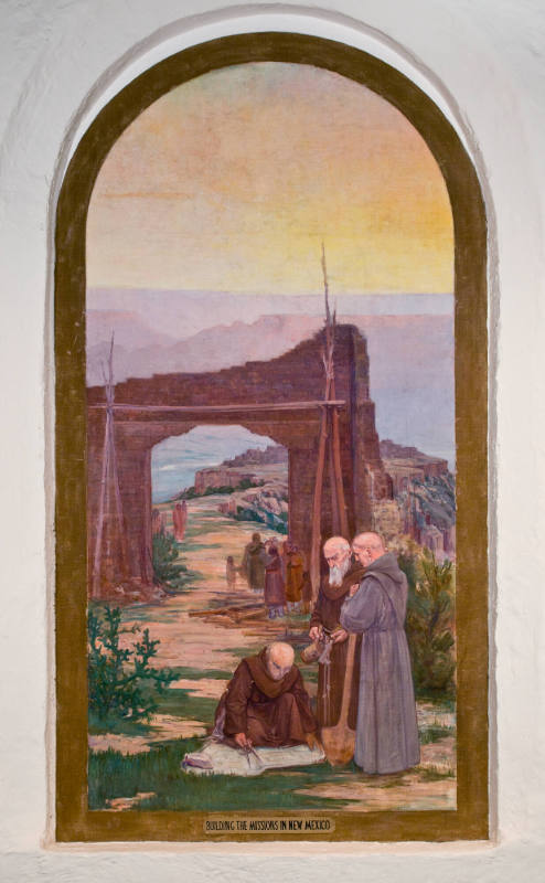 Carlos Vierra, Building of the Missions in New Mexico, 1917, oil on canvas, 129 1/2 x 65 3/4 in…